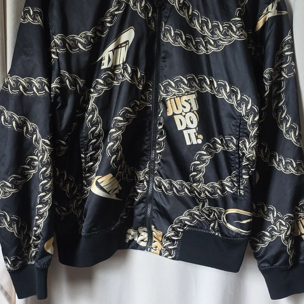 Vintage Y2K Nike Satin Bomber Chain Print 'Just Do It' Black Gold Size S